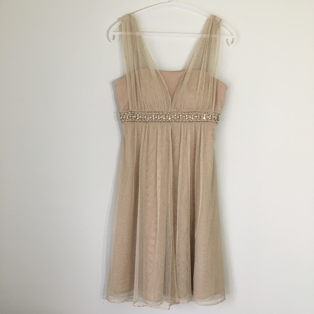 Jessica Howard Dress Gold Tulle Overlay Lined Size 8 Petite Special Occasion